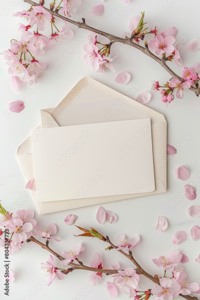 An open envelope and a blank note are placed on a white surface. The envelope is surrounded by delicate pink cherry blossoms.