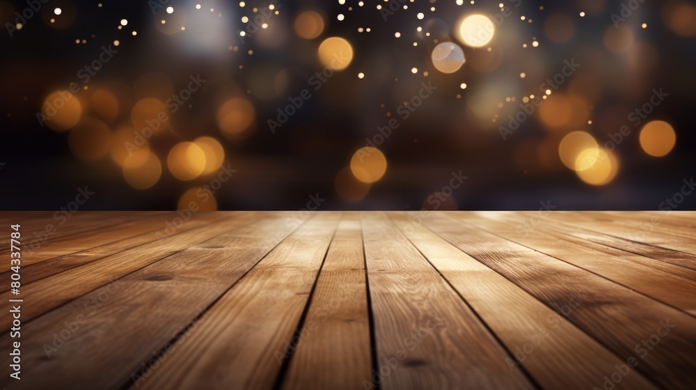 An wood empty floor with bokeh light effect in the background