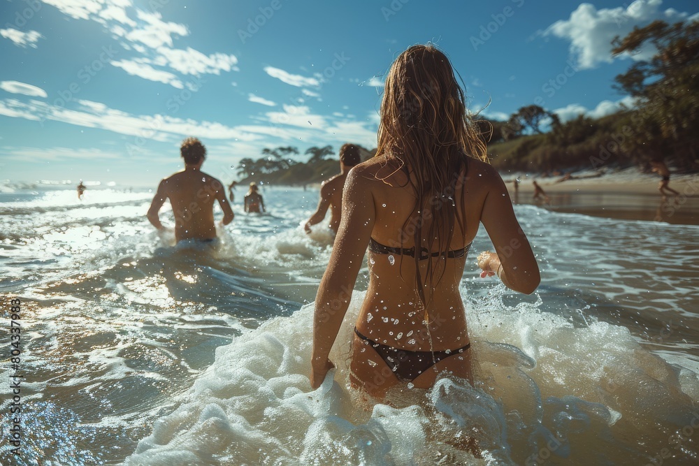 Fototapeta premium An exhilarating view of a woman wading into the lively ocean waves, capturing the essence of summer beach fun