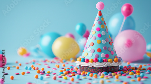 Party hat with candy, balloons and birthday candles.