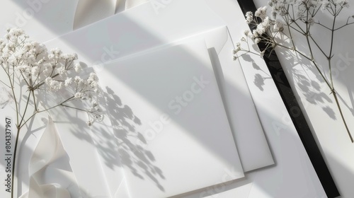 A mockup of a blank greeting card with a white envelope on a white background. There are some baby's breath flowers and a long white ribbon on the left side of the card. photo