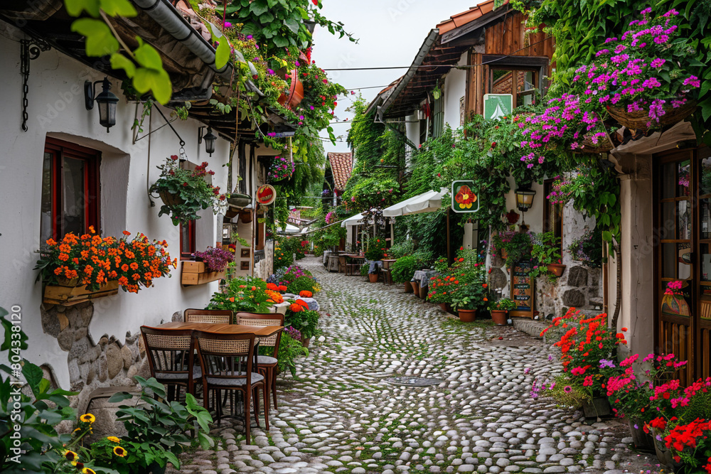 A charming cobblestone alley lined with colorful flowers and quaint cafes, isolated on solid white background.
