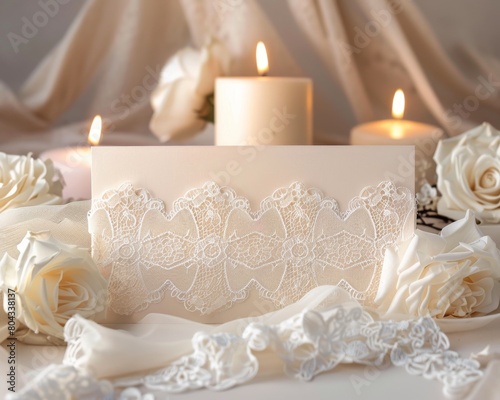 A close-up of a wedding invitation with a lace overlay  surrounded by white roses and candles.