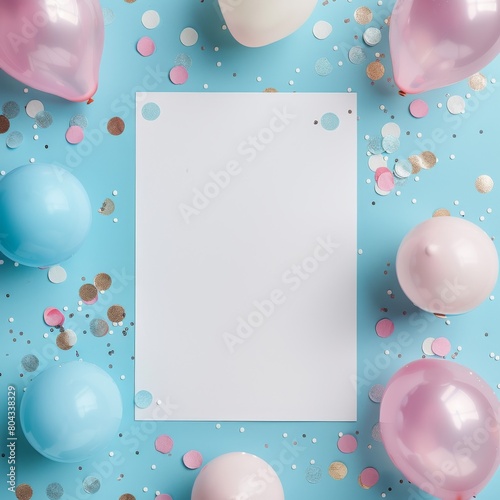pastel blue and pink balloons and confetti on a blue background, with a blank white paper in the center photo
