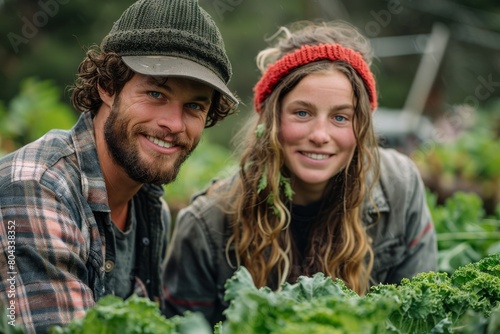 Two cheerful young farmers are captured amidst a lush crop field, embodying health and vitality