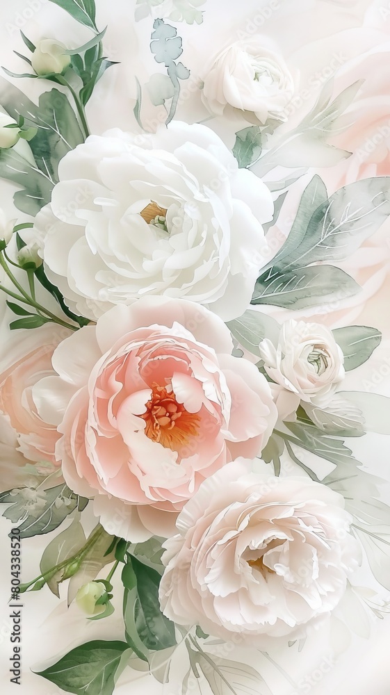 A bouquet of pink and white peonies painted in watercolors.