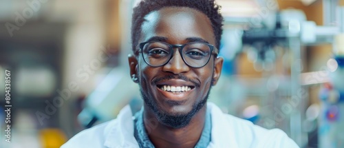 Young Smiling Black Man Using a Lab Coat and Glasses Looking at the Camera. A student working at a university laboratory pursuing a scientific career.