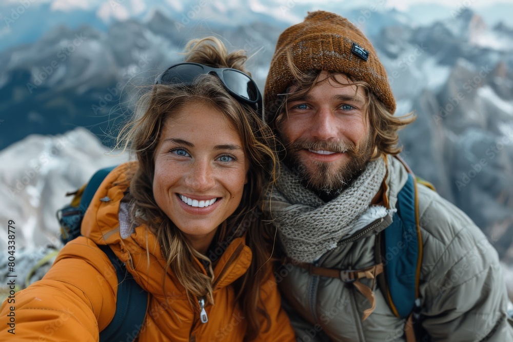 A couple in hiking gear smiles brightly against a stunning mountainous backdrop A couple in hiking gear smiles brightly against a stunning mountainous backdrop