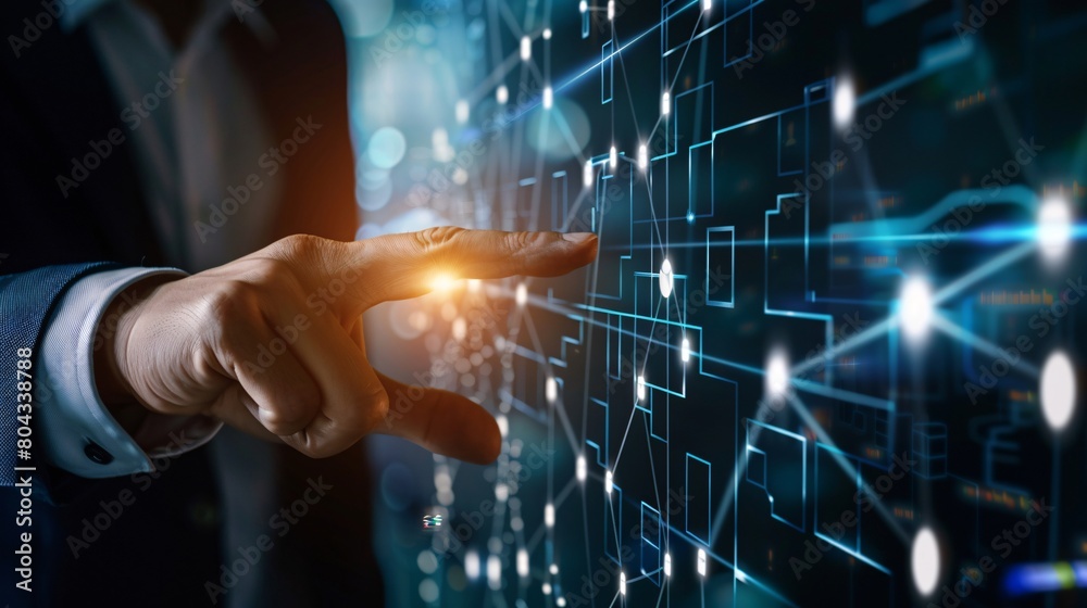 Businessman hand touching fintech (financial technology) with blurred background Businessman hand touching fintech (financial technology) with blurred background