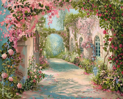 A beautiful painting of a garden with a stone path leading through an archway. The path is lined with flowers and there are trees and flowers on either side.