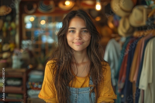 A relaxed young woman with a welcoming smile is showcased in a trendy clothing store