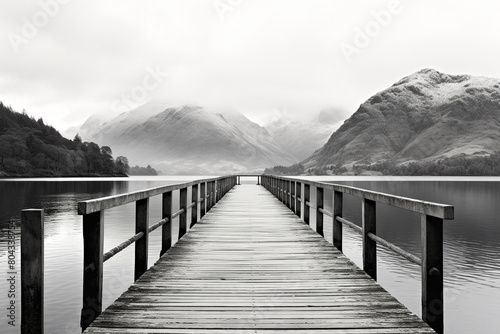 A serene lakeside pier stretching out into calm waters with mountains in the background  isolated on solid white background.