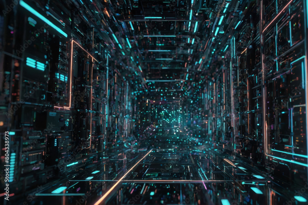 A tunnel of digital data glowing in the dark, symbolizing cyberspace and virtual reality