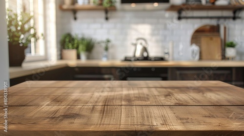 Wooden tabletop view for product display with a blurry kitchen in the background.