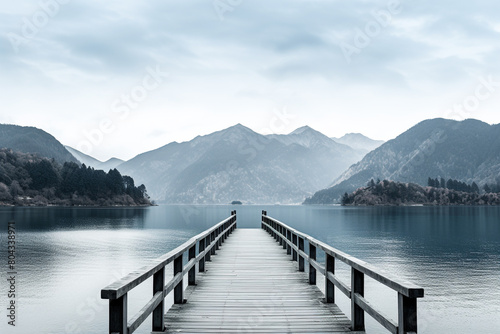 A serene lakeside pier stretching out into calm waters with mountains in the background  isolated on solid white background.