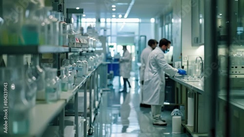  laboratory technicians working with precision instruments and equipment in a biotechnology  photo