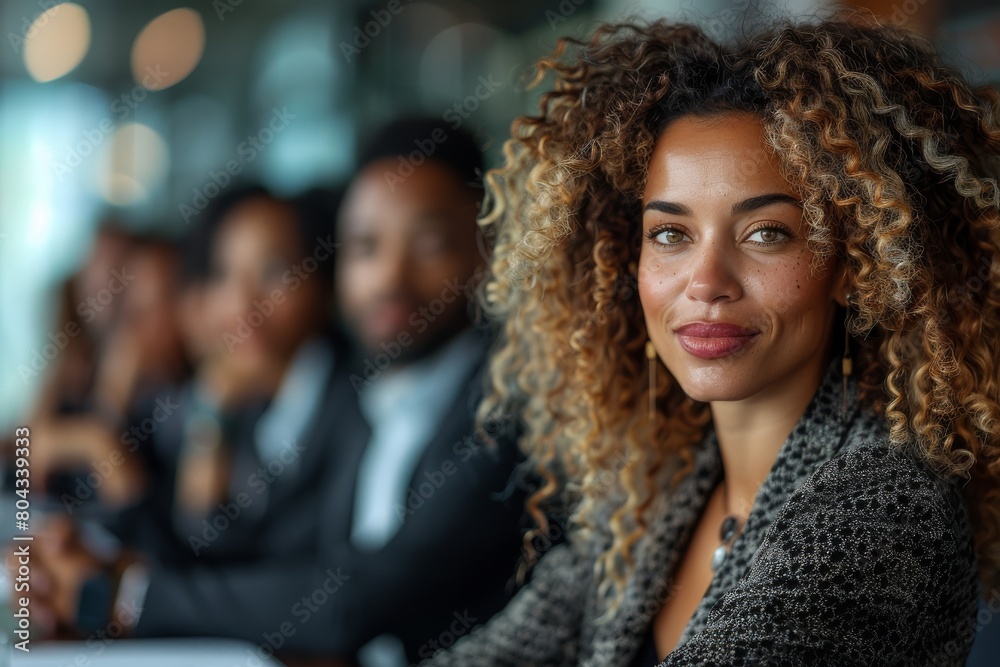 A self-assured female professional sits among her peers, her presence commanding and inviting in a corporate setting A self-assured female professional sits among her peers, her presence commanding and inviting in a corporate setting