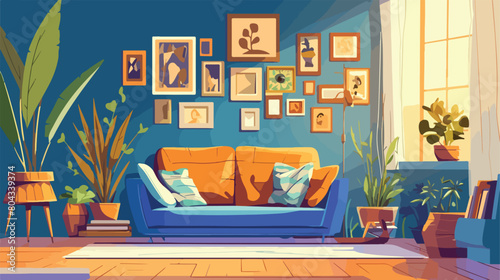 Interior of living room with cozy sofa paintings an © Mishi