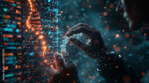 A genetic analysis with holographic DNA strands and interactive data points that the geneticist can manipulate with gestures. This scene imagines the next generation of genomics software