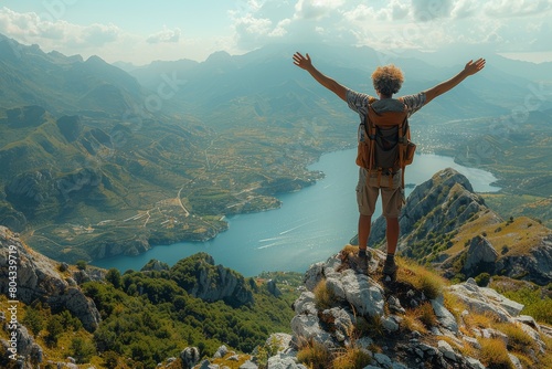 An exuberant hiker with raised arms celebrates reaching the peak of a mountain overlooking a scenic lake photo