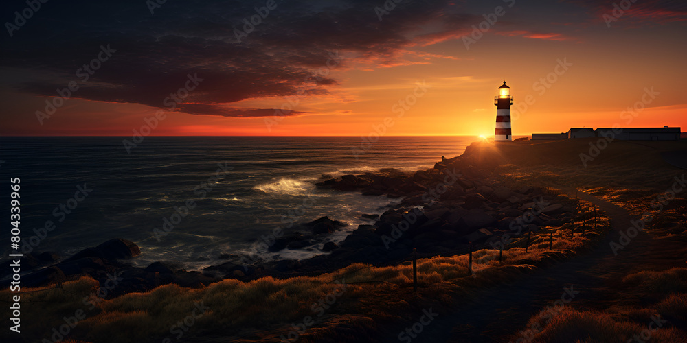 Lighthouse Silhouette Shadow Cast Sweeping Beam Art Concept Scene Calm. 3d real world ocean on sunset view day end beauty with lighthouse sunset time