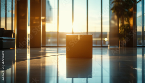 A lone cardboard box illuminated by sunlight on the floor of a sleek, modern office lobby photo