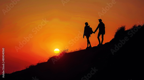 Silhouette of a couple holding hands on a hill during sunset, with a vibrant orange sky in the background, concept of romance. Generative AI