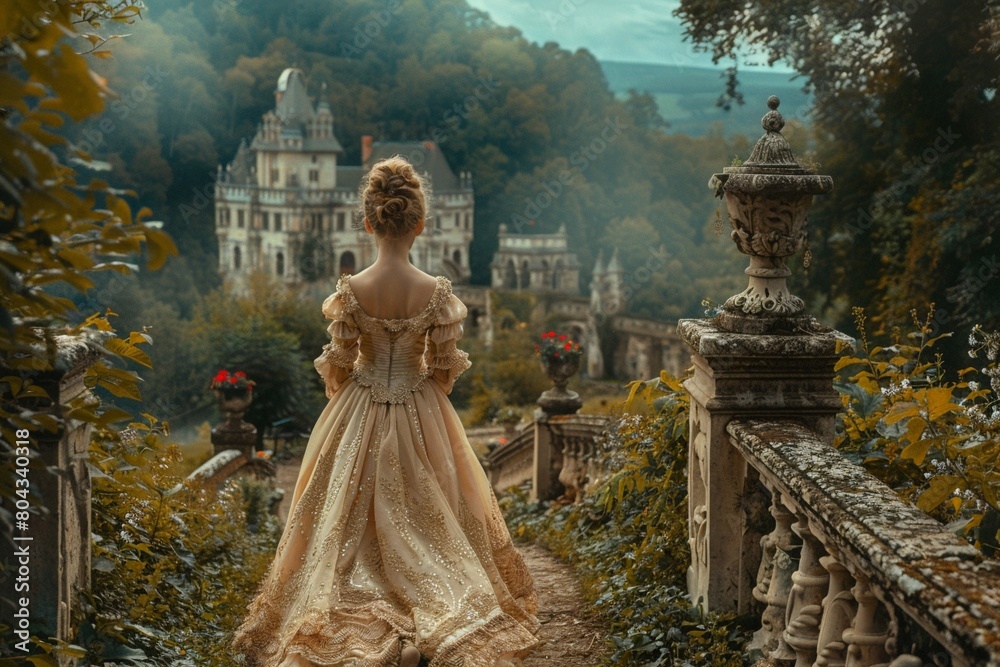 Back view of a young princess wandering in a castle garden Back view of a young princess wandering in a castle garden