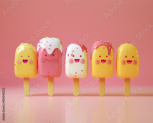 3d render of a row of five popsicles against a pink background. The popsicles are all smiling and have different colors and toppings.