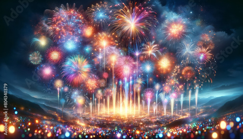 Vibrant fireworks display over cityscape at night, with an array of colors illuminating the sky and concept of celebration. Generative AI