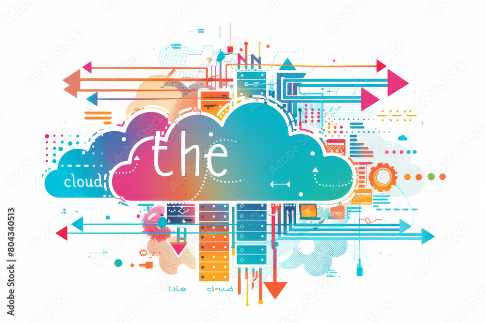 Illustrative image of computer servers on clouds representing cloud computing.Cloud Network Solution digital background. Cyber Security and Cloud Technology Concept.