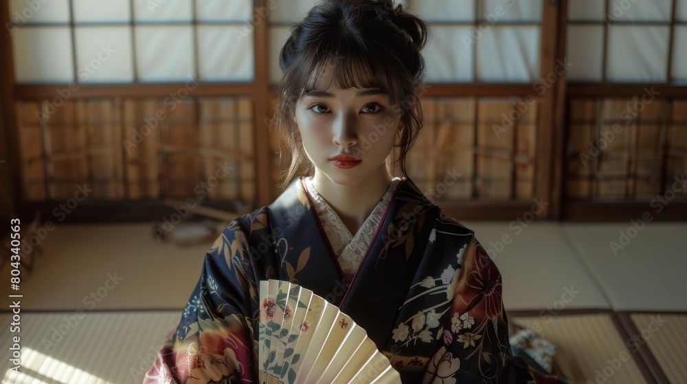 Realistic portrayal of a young woman seated on a tatami mat in a studio her kimono gracefully arranged around her. She holds a folding fan partially open Realistic portrayal of a young woman seated on a tatami mat in a studio her kimono gracefully arranged around her. She holds a folding fan partially open