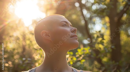 Realistic portrayal of a woman standing outdoors feeling the breeze on her newly shaved head for the first time. The natural setting