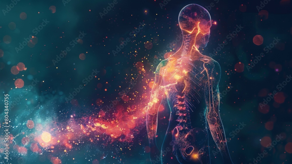Stylized illustration of a human figure with a glowing area in the spine to represent pain from a herniated disc. Abstract elements like sharp lines and dark colors emanate from the affected area Stylized illustration of a human figure with a glowing area in the spine to represent pain from a herniated disc. Abstract elements like sharp lines and dark colors emanate from the affected area