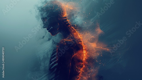 Stylized illustration of a human figure with a glowing area in the spine to represent pain from a herniated disc. Abstract elements like sharp lines and dark colors emanate from the affected area photo