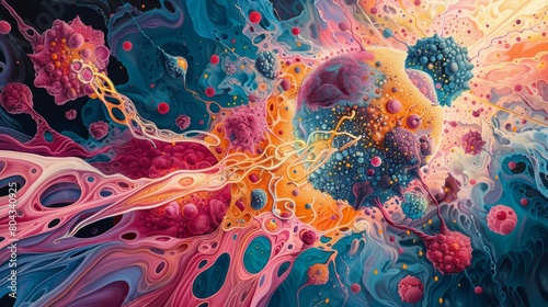 Stylized illustration of abstract shapes and colors representing the cancer cells being targeted by beams of radiation therapy. The artwork conveys a sense of battle and healing photo