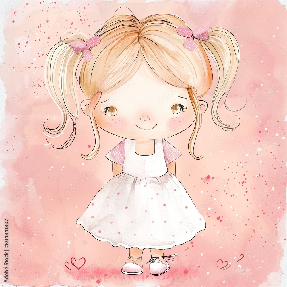Adorable Cartoon Girl with Pigtails in Pink Polka Dot Dress on Watercolor Background. Adorable Cartoon Girl with Pigtails in Pink Polka Dot Dress on Watercolor Background.