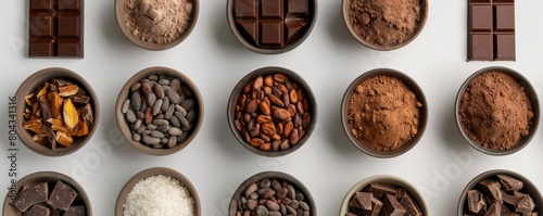 bowls of chocolate and cocoa products on white background photo