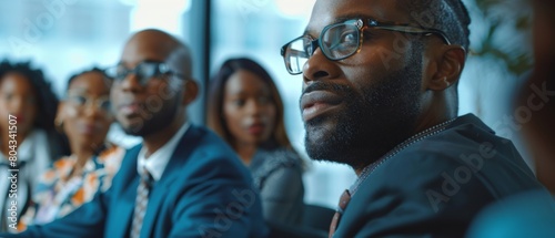 A diverse team of businesspeople discuss investment strategy in a modern multi-ethnic office conference room. An African American businessman pitches the strategy to partners.
