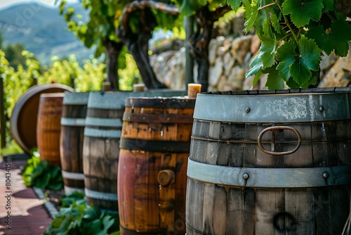 Wine barrels and casks against touristic vineyard wine farm photo .