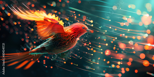 3d rendering of a bird flying in the water with a colorful background