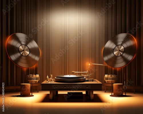 A turntable with a record playing in a dimly lit room. photo