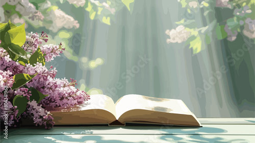 Blank book and beautiful lilac flowers on color background photo