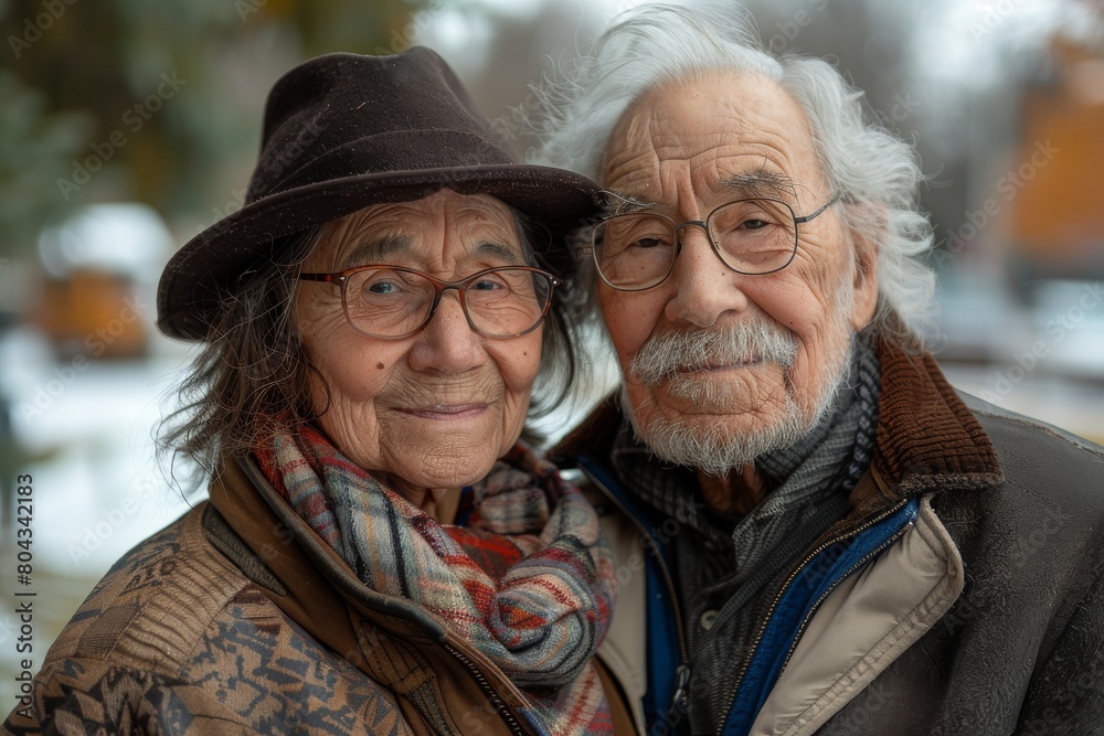 A mature couple wearing glasses and hats, embracing the winter season with a shared warmth A mature couple wearing glasses and hats, embracing the winter season with a shared warmth