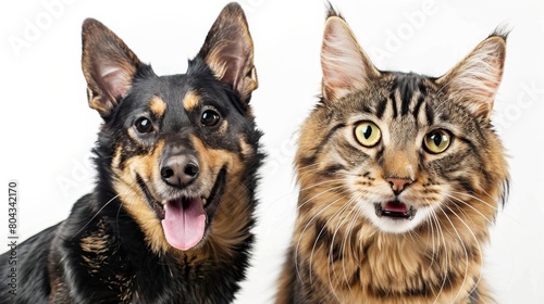 Happy panting dog and cat looking at camera, Isolated on white background
