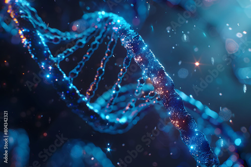 DNA structure. Glowing DNA coding in blue tone science background. DNA and AI android science concept on blue background.