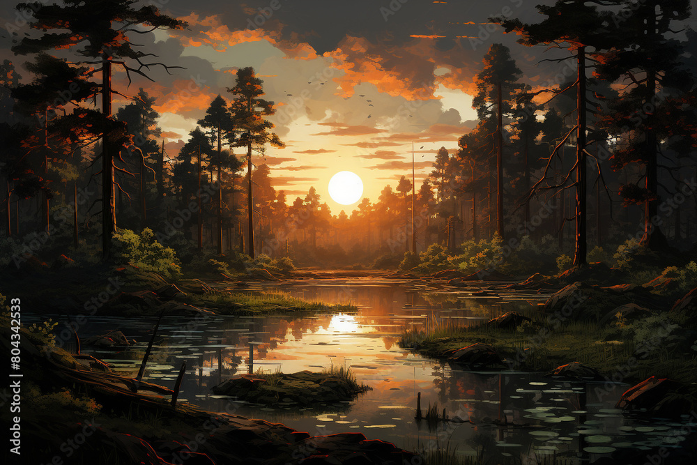 A serene pond surrounded by trees, with the sunset reflected in its still waters A serene pond surrounded by trees, with the sunset reflected in its still waters