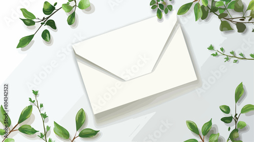 Blank card with envelope and plant branch on white background