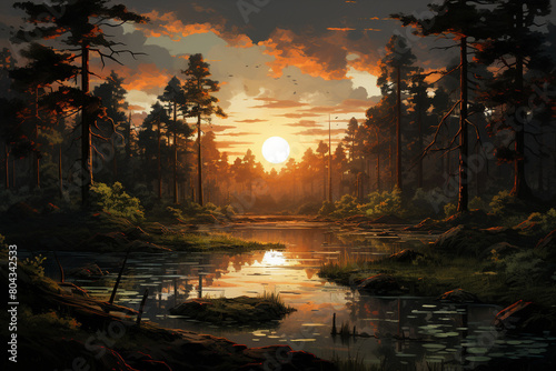 A serene pond surrounded by trees, with the sunset reflected in its still waters