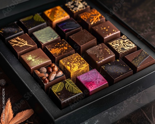 A box of assorted chocolates with colorful decorations